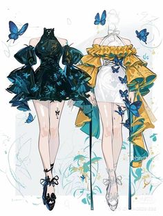 two women in dresses with butterflies on them