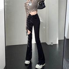 Fashion Hollow Out Cotton Flare Pants Spring High Waist Elastic Y2k Pants Women Slim Lace Up Streetwear Solid Black Goth Pants Gothic Flare Pants, Non-stretch Y2k Style Streetwear Pants, Y2k Non-stretch Mid-rise Pants, Y2k Mid-rise Non-stretch Pants, Non-stretch Mid-rise Y2k Pants, Fall Y2k High-waisted Pants, Black Y2k Style Trousers, Y2k Style Bottoms For Fall, Y2k Bottoms For Fall