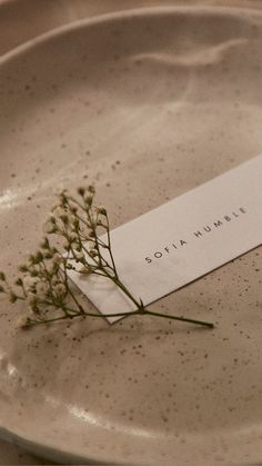 a white plate topped with a piece of paper next to a small sprig of flowers