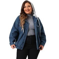 A plus-size brand inspired by the needs of its customers. It can match you to various occasions, with the proper tailoring to show your perfect curve and the comfortable fabrics enable you to enjoy a pleasant experience. Drawstring hooded denim jacket, hooded denim jacket, two decorative chest pockets, two handbags, loose fit, detachable hood. This jacket is perfect for summer, spring, fall, and winter, you can pair it with jeans, skirts, leggings, leather pants, and palazzo pants. The fashion j Womens Tailored Suit, Leggings Leather, Spring Blazer, Hooded Denim Jacket, Plus Size Denim, Plus Size Brands, Plus Size Coats, Womens Crewneck, Plus Size Womens Clothing