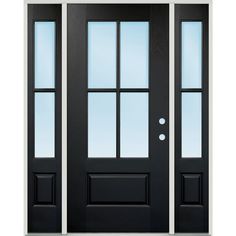 the front door is black and has two glass panels on each side, with one side panel