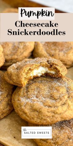 pumpkin cheesecake snickkerdoodles are stacked on top of each other