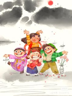 three children are standing in the snow with their arms up and one child is holding flowers