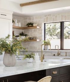 a kitchen with white marble counter tops and wooden shelves filled with potted greenery