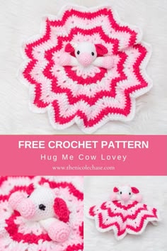 the crochet pattern is shown in pink and white, with two small teddy bears on