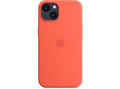 an orange iphone case on a white background with the apple logo in the bottom right corner