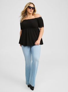 FIT Model is 5'9” wearing size 1. . Measures 30” from shoulder (size 2). Babydoll silhouette. . MATERIALS + CARE Super Soft Rib knit fabric: Tucked in or not, this ultra-soft and stretchy textured knit is your perfect base layer. . Stretch level: Maximum. 56% polyester, 34% rayon, 10% spandex. Machine wash cold. Line dry. . Imported. DETAILS Off shoulder neckline. Short sleeves. Trim detail. The best plus size women's super soft rib off shoulder babydoll top off-shoulder tops in deep black made Rib Knit Fabric, Shoulder Tops, Babydoll Top, Deep Black, Off Shoulder Tops, Textured Knit, Trim Detail, Base Layer, Knit Top