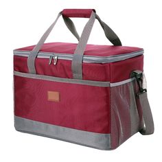 a red and grey cooler bag with handles