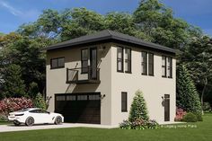 a white car parked in front of a two story house with a balcony on the second floor