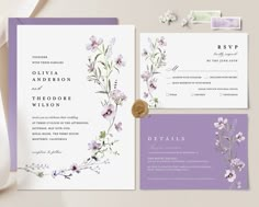 wedding stationery with purple and white flowers