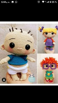 crocheted dolls are shown in three different pictures, one is wearing glasses and the other has an orange hair