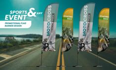 three flags with the words sports & event on them are shown in front of an empty road