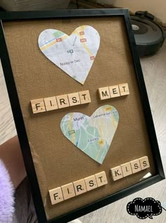 a hand holding up a scrabbled photo with the words first me and first kiss