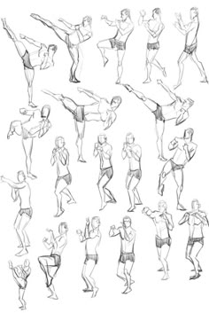 a bunch of people doing different poses in various poses, with one man standing and the other