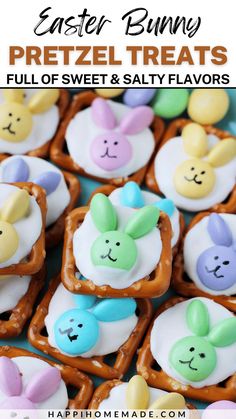 some pretzel treats with bunny faces on them and the words, easter bunny pretzel treats full of sweet & salty flavors