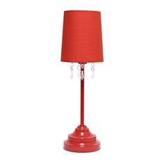 a red table lamp with a red shade on the base and crystal beads hanging from it