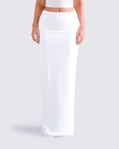 A white maxi skirt is a staple that everyone needs 🙌 With a simple and sleek design, this look is perfect for dressing up or down for any occasion. Made from a slinky jersey fabric, and complete with a mid-rise fit and ruching details 🤍 Maxi White Skirt, White Maxi Skirt, White Maxi Skirts, White Maxi, White Jersey, Body Con Skirt, Fancy Outfits, White Skirts, Jersey Fabric