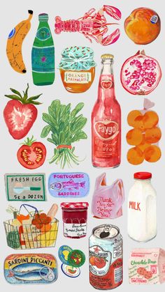 an assortment of fruit and vegetables are depicted in this illustration, including apples, oranges, milk, yogurt, juice, and other items