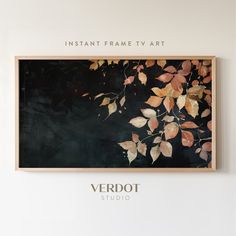 a painting hanging on the wall next to a white wall with words instant frame tv art