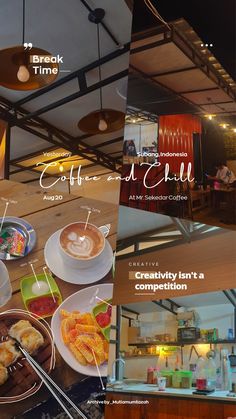 an advertisement for coffee and chilli with images of different types of food in bowls