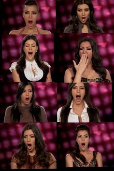 several pictures of the same woman making funny faces while singing on stage with her hands in her mouth