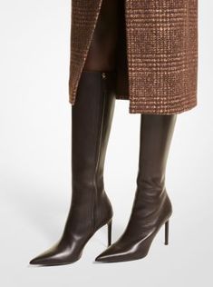 Crafted in Italy from buttery-smooth leather, our show-stopping Tatjana boot features a knee-high shaft and leg-lengthening pointed toe. An interior zip fastening makes this pair easy to slip on and off. Endlessly versatile, they will look chic styled with dresses and denim alike. Ladies Boots, Pointed Toe Boots Outfit, Kylie Jenner Boots, Brown Heeled Boots Outfit, Brown Stiletto Boots, Leather Boots Outfit, High Heel Boots Outfit, Winter Heels, High Leather Boots