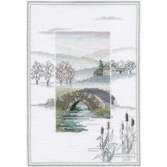 a cross stitch pattern with a bridge in the middle and snow on the ground behind it