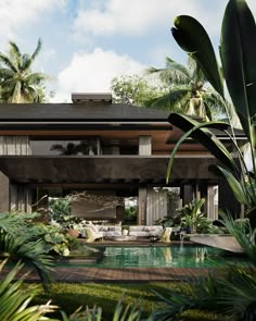 a house with a pool surrounded by palm trees and greenery in the foreground