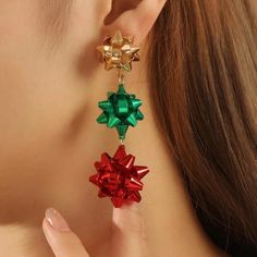 Material: These Earrings Are Made With Hypoallergenic Alloy Polished, Design With Three Different Color Bows, A Great Christmas Jewelry Wear At Night Before Christmas Match With Ugly Sweater. Fit: Great Holiday Gift Choice For Female, Daughter, Mother, Sisters, Bff Friends, Wife, Family Members. Resin Ideas, Earring Box, Holiday Earring, Long Dangle Earrings, Bow Earrings, Bow Design, Christmas Earrings, Gold Earrings Dangle, Christmas Jewelry