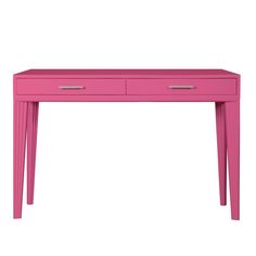 a pink desk with two drawers on top and one drawer at the bottom, against a white background