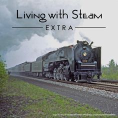 a train traveling down tracks next to a lush green field with trees in the background