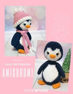 the penguin is wearing a knitted hat and scarf