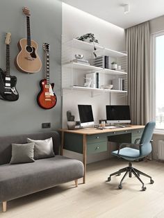 a living room filled with furniture and guitars on the wall next to a computer desk