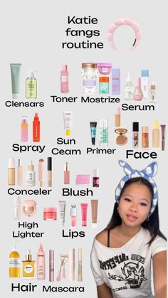 a woman is standing in front of a poster with all the products she has on her head