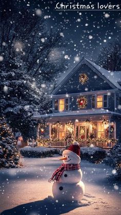 a snowman is standing in front of a house with christmas lights on it's windows