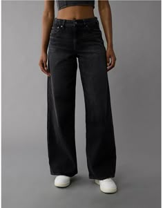 High Waist Wide Leg Black Jeans, High Waisted Wide Leg Dress Pants, Black Jeans Aesthetic, Black Wide Leg Jeans Outfit, American Eagle Black Jeans, Wide Leg Black Jeans, Wide Leg Baggy Jeans, Black Wide Leg Jeans, White Jeans Men