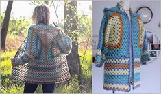 crocheted jacket with hood and sleeves made to look like granny granny's sweater