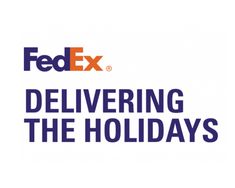 the fedex logo with the words delivering the holidays in blue and orange on it