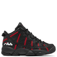 Style: 1bm01788-014 Color: Blk/Fred/Wht Gender: Mens Fila Stackhouse Spaghetti, White Athletic Sneakers, High Top Basketball Shoes, Number 30, Fila Shoes, Shipping Labels, Basketball Sneakers, Navy Leather, Black Sneakers