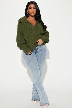 Available In Hunter And Oatmeal. Pullover Sweater Rib Knit Exaggerated Collar V Neck Long Sleeve Balloon Sleeve 100% Polyester Imported | Cozy Rib Knit Collar Polo Sweater in Hunter size 2X by Fashion Nova Baddie Winter Fits Casual, Fall Outfit Baddie, Mom Casual Outfits Fall, Off Shoulder Sweater Aesthetic, Winter Looks For Women Casual, Open Knit Sweater Outfit, Cute Fashion Nova Outfits, Sophomore Aesthetic, Sweater Shirt Outfit