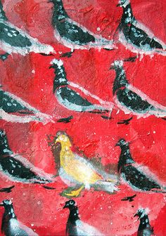 a painting of birds sitting on top of a red wall with black and white paint