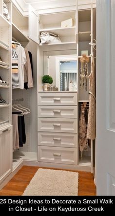 an organized closet with white drawers and shelves