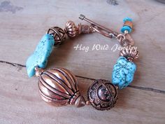 Handcrafted Artisan Copper Turquoise Chunky Bracelet by hogwildjewelry on Etsy Rustic Turquoise Bracelet Jewelry, Rustic Turquoise Bracelet, Rustic Turquoise Bracelets For Jewelry Making, Rustic Turquoise Bracelets As Gift, Rustic Handmade Turquoise Beaded Bracelets, Rustic Handmade Blue Beaded Bracelets, Unique Turquoise Bracelets With Round Beads, Unique Turquoise Bracelets With Gemstone Beads, Unique Turquoise Beaded Bangle Bracelet