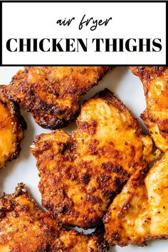 chicken thighs on a white plate with text overlay