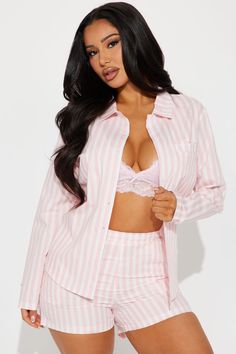 Available In Black/White And White/Pink. 2 Piece PJ Set Long Sleeve Collared Shirt Button Front Chest Pocket Matching Shorts Elastic Waistband Non Stretch Final Sale 100% Cotton Imported | Chill Era Poplin PJ Short Set in White/Pink size Large by Fashion Nova Jayda Wayda Pajamas, Cute Pink Pjs, Pink Pajamas Aesthetic, Cute Pajamas Aesthetic, Sleeping Clothes, Pink Pajama Set, Sleeping Wear, Pink Pjs, Bride Pajama