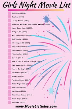 a pink poster with the words girls'night movie list written in blue and pink