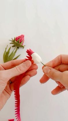 two hands are holding fake flowers on a white surface