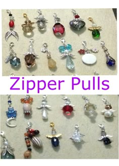 several different types of necklaces are displayed on a table with the words zipper pulls