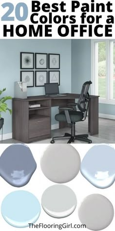 the best paint colors for a home office in gray and blue, with text overlay that reads 20 best paint colors for a home office