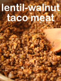 lentil - walnut taco meat in a bowl with a wooden spoon and the words lentil - walnut taco meat above it